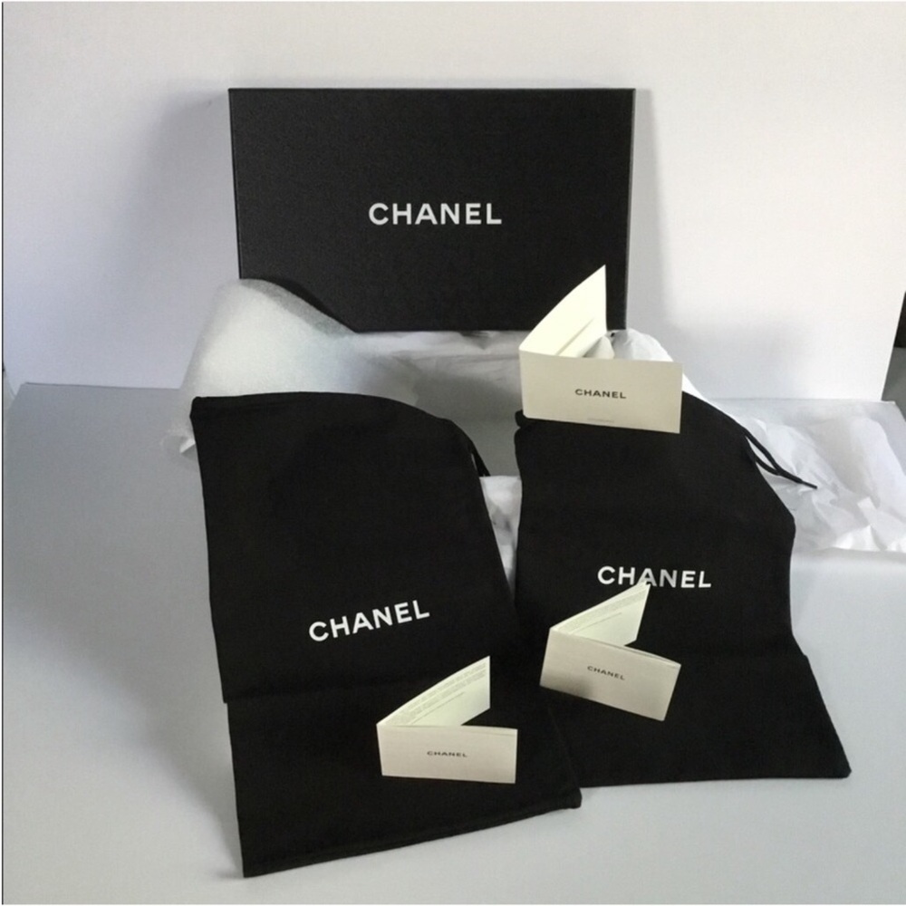 CHANEL EMPTY BIX NO SHOES 2/NEW DUST BAGS SOME TISSUE NO LOGO SM BOOKS IN CARD